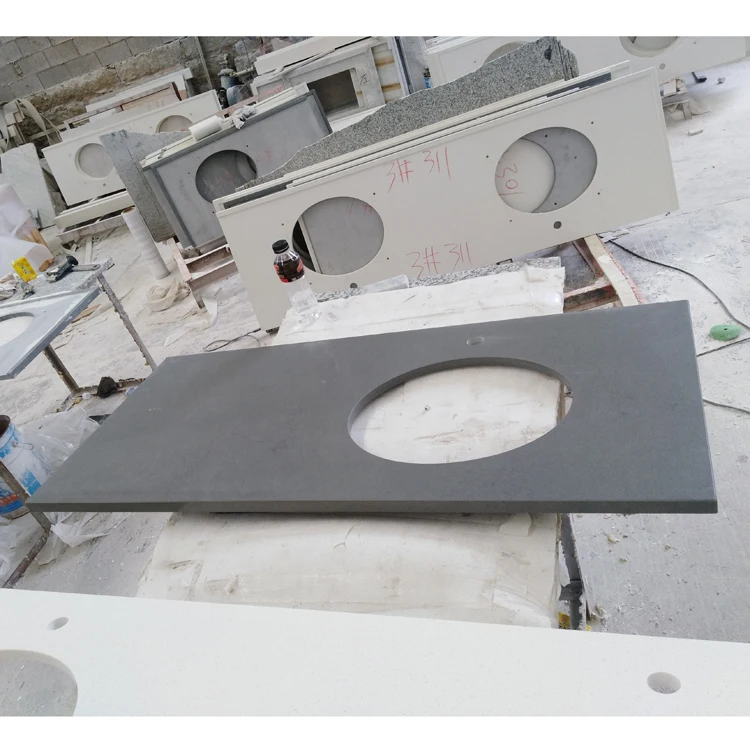 Hotel Engineered Stone Prefab 3cm Kitchen Quartz Worktops Dark Gray Quartz Stone Countertop