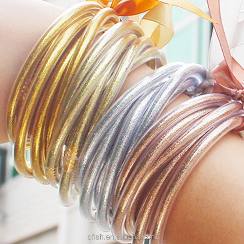 5 Pieces Sets Silicone Plastic Bling Stackable Multilayer Wristband Bangle Glitter Filled Jelly Bangle Bracelets