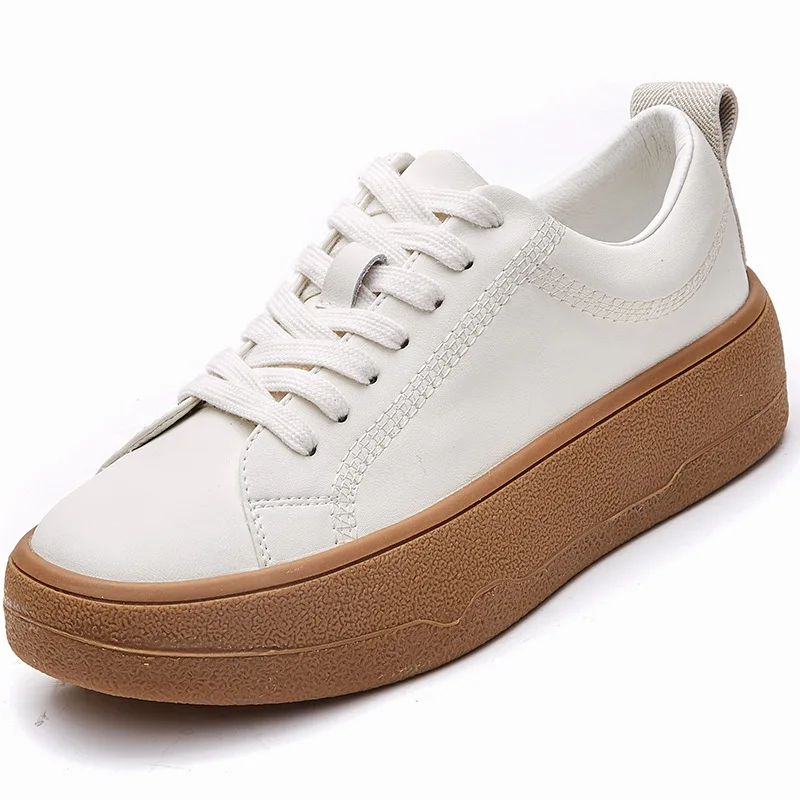 Platform Shoes New Korean Version of Casual Round Toe Lace-up Soft Genuine Leather Style Ladies A3