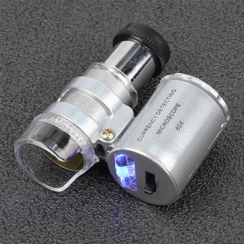 60X LED Mini Microscope Jeweler Loupe Lens Illuminated Magnifier Glass Portable Currency Detection Microscope With UV Light