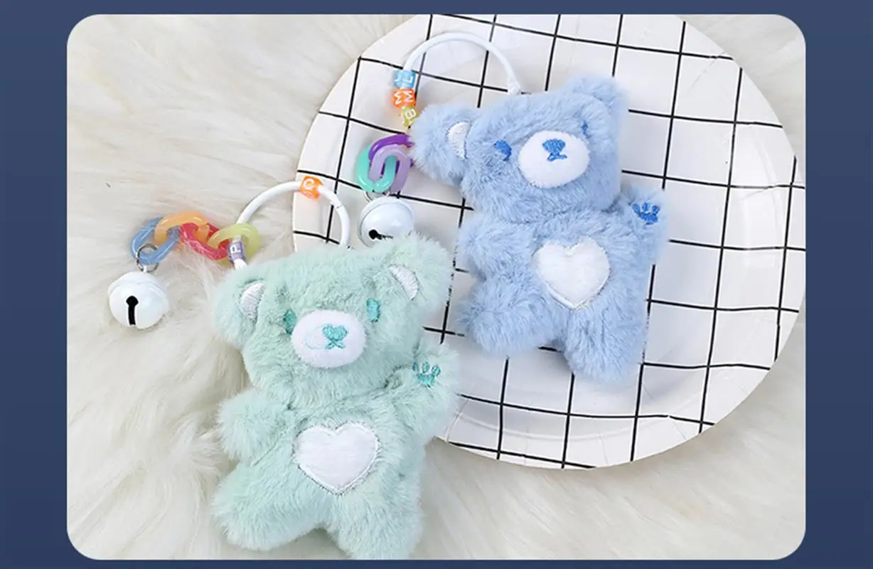 Cartoon Cute teddy bear plush keychain tos Small Pendant Children Xmas Gift Girl Heart Bag Ornament Charm KeyRing with Bell