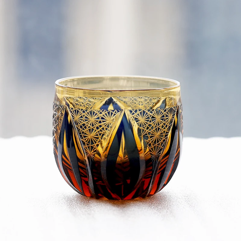Amber blue sake glass tea cup Japanese Edo Kiriko style cut to clear luxury mini shot glass for Christmas seasons gift