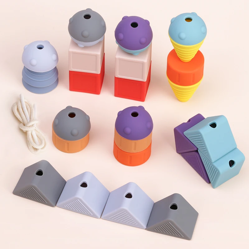Factory New Design Custom Food Grade Rope Small Soft Interactive Innovative Educational Montessori Silicone Stringing Block Toy