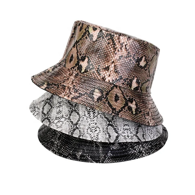 Fashion Foldable Hiking Fishing Cap Hip-Hop Street Waterproof Panama Bucket Hat PU Leather Snake Print Bucket Hat Or Women Men
