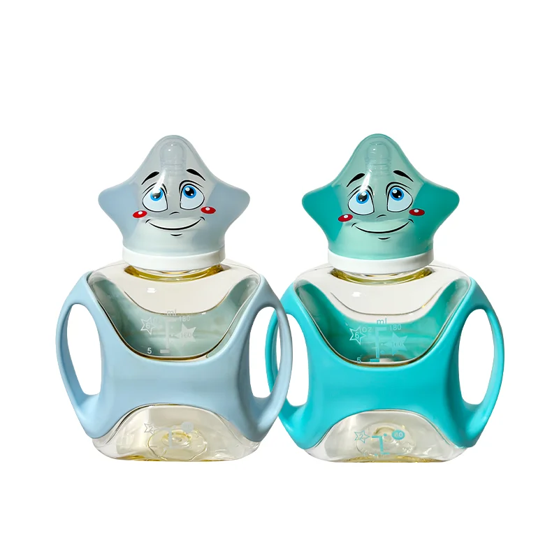 Factory Hotsale Acceptable Customized Logo PC Soft Silicone Baby Feeding Bottle 180ml five pointed star cartoon baby bottle