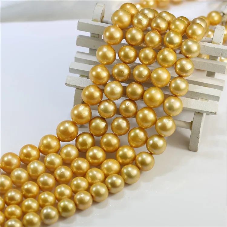 Feirun 12-13mm round AA+ golden color cultured freshwater big natural pearls strands wholesale 16 inch