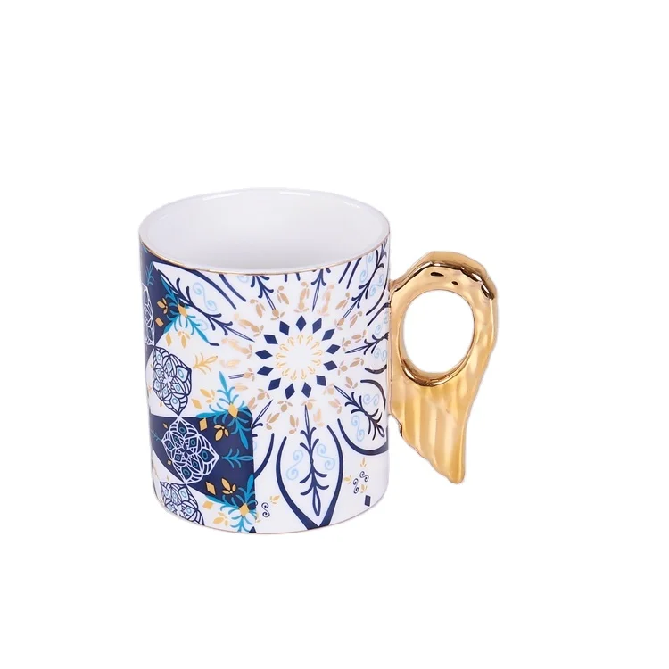 Angel Wing Gold Handle Porcelain Coffee Mugs Ceramic Mug Cups Gold Rim Coffee Cups