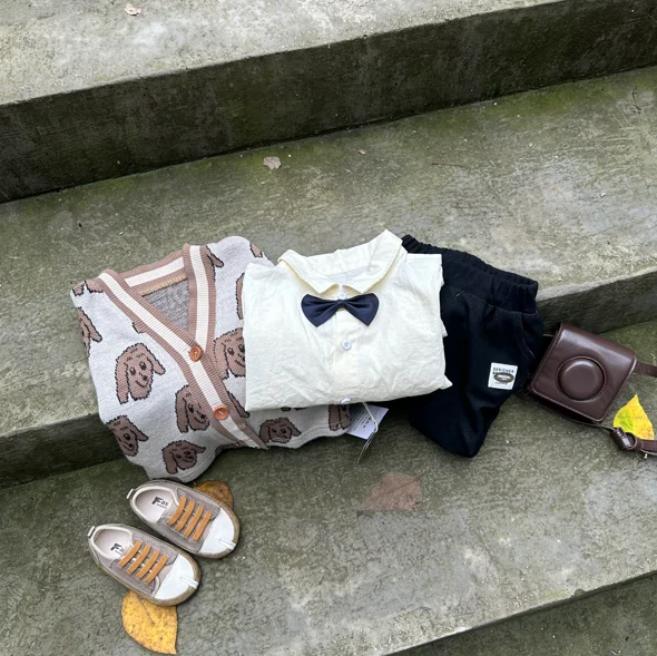 Autumn Baby Boy Three-Piece Casual Comfort Suit with Buttons Warm Puppy Sweater Wholesale 3pcs Clothing Set