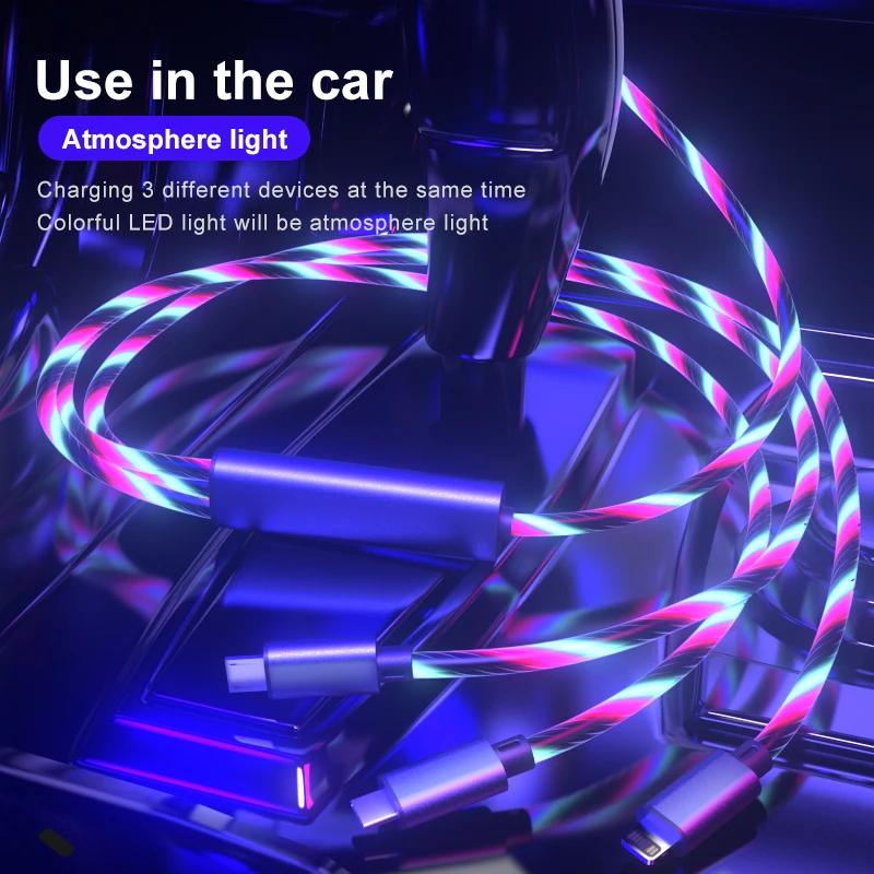 led flowing light Fast Charging 3 in 1 Micro Type c 3A Quick Charger Led Charging USB Cable