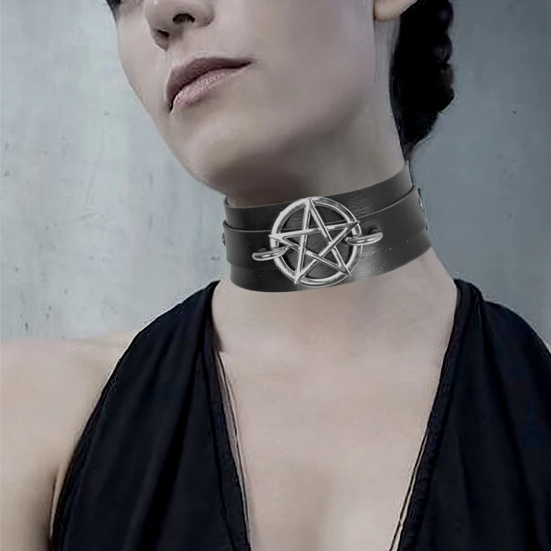 Women Leather Collar Lingerie Collar Gothic Pentagram Adjust Performance Halloween Carnival Rave Party Night Costume Accessory