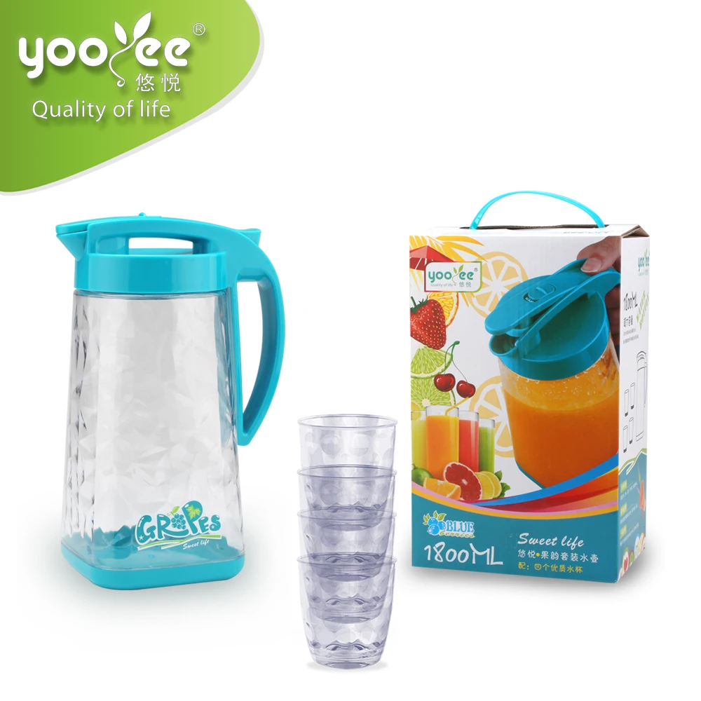 Water Pitcher Jug with Cups Set Design High Quality Plastic New Water Pots & Kettles with Plastic Lock Lid, 4 Cups 300ml Promise