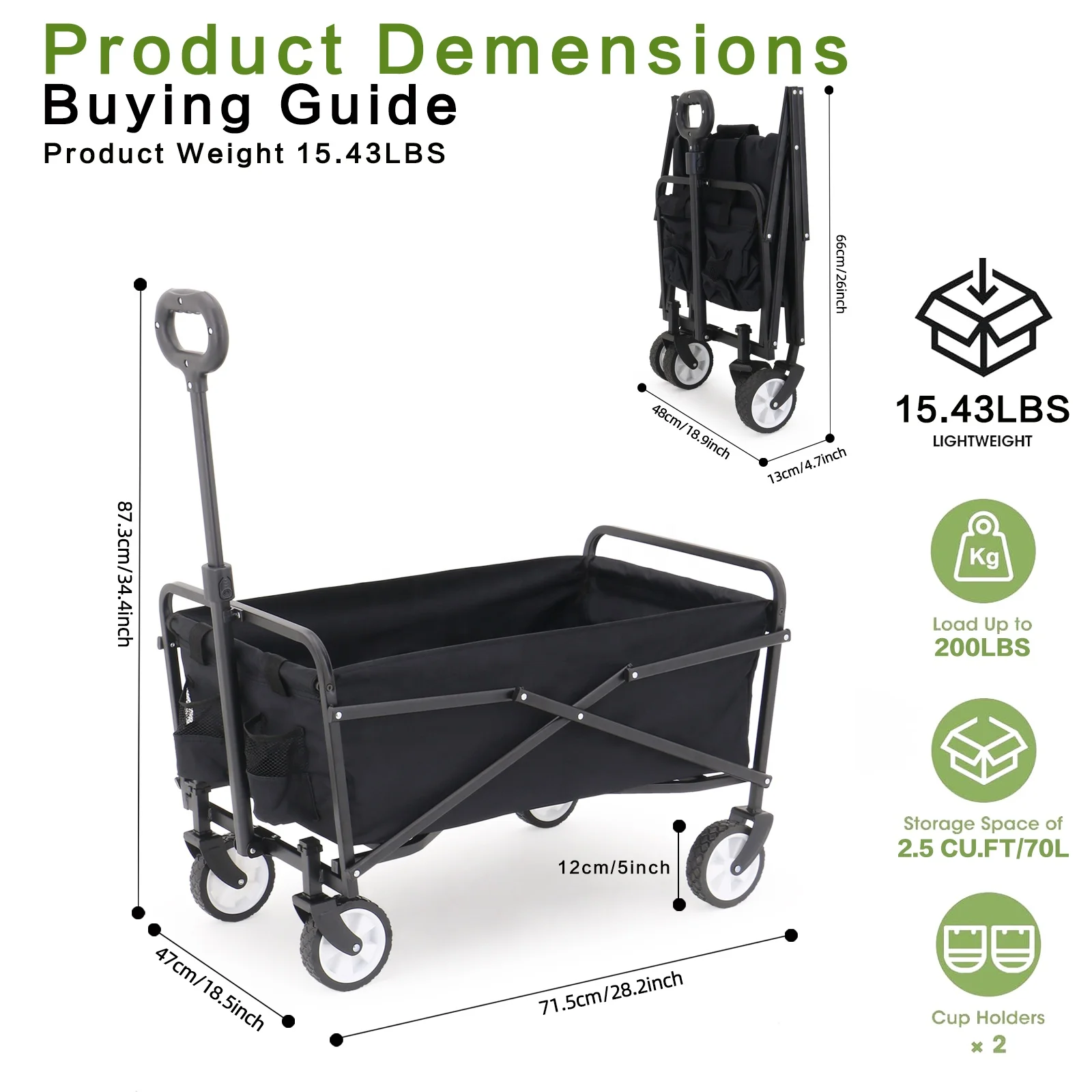 Eaynon Garden Beach Camping Cart Collapsible Folding Wagon Small Foldable Portable Outdoor Black Folding Car for Shopping 70L