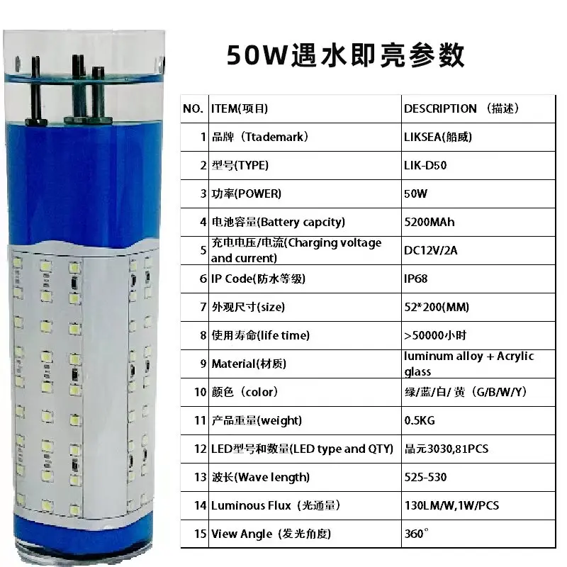 30W 50W White Green Fish Lure Attract Finder Lamp LED Underwater Fishing Light-Brightens instantly when exposed to water