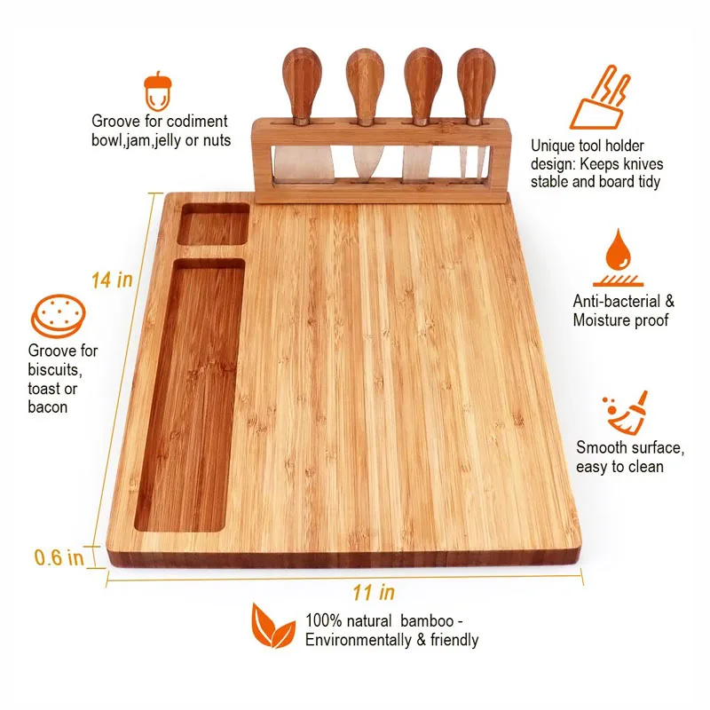 Natural Bamboo Unique Charcuterie Platter Bamboo Cheese Board Charcuterie Board and Cutlery Set