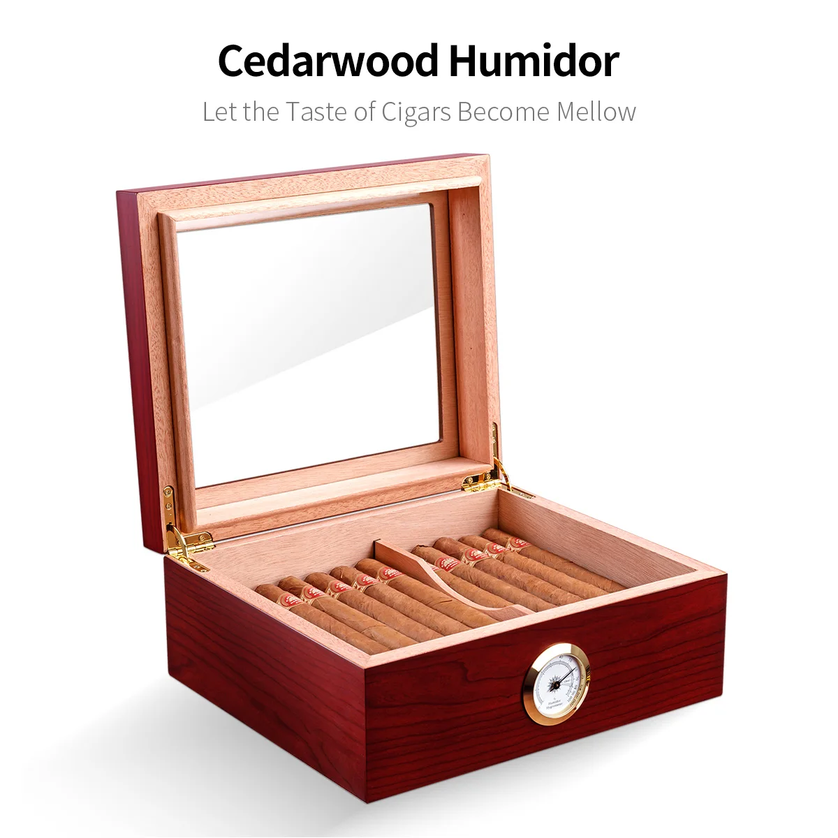 CIGARLOONG Cedar Wood Humidor with Built-in Hygrometer Box Humidifier, Piano Lacquer Cigar Humidor