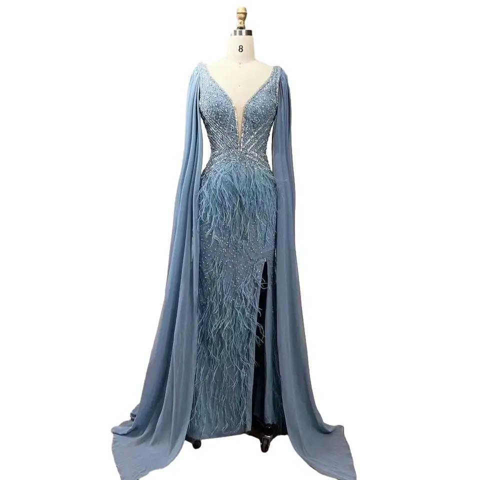 Роскошное вечернее платье MAE0001 длинное с длинными рукавами Дубай V-образным вырезом ТРАПЕЦИЕВИДНОЕ из органзы спандекс для взрослых