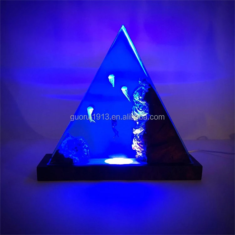 Hot selling DIY triangle wood resin ocean style night light 3D Jellyfish diver handmade lamp LED decoration gift light