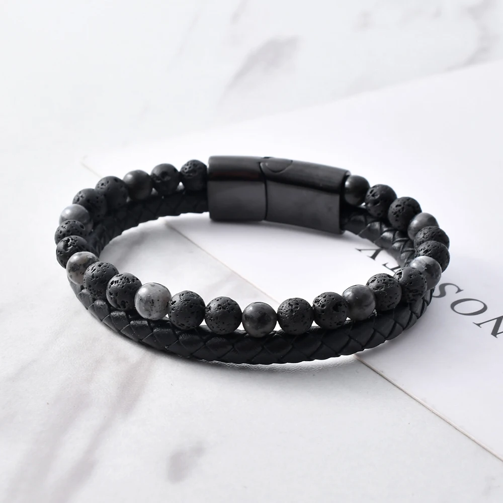 F254 wholesale  Spectrolite Men Mens Stone Beaded Bracelets  Manufacturers High Quality Genuine Leather Bracelet With Beads