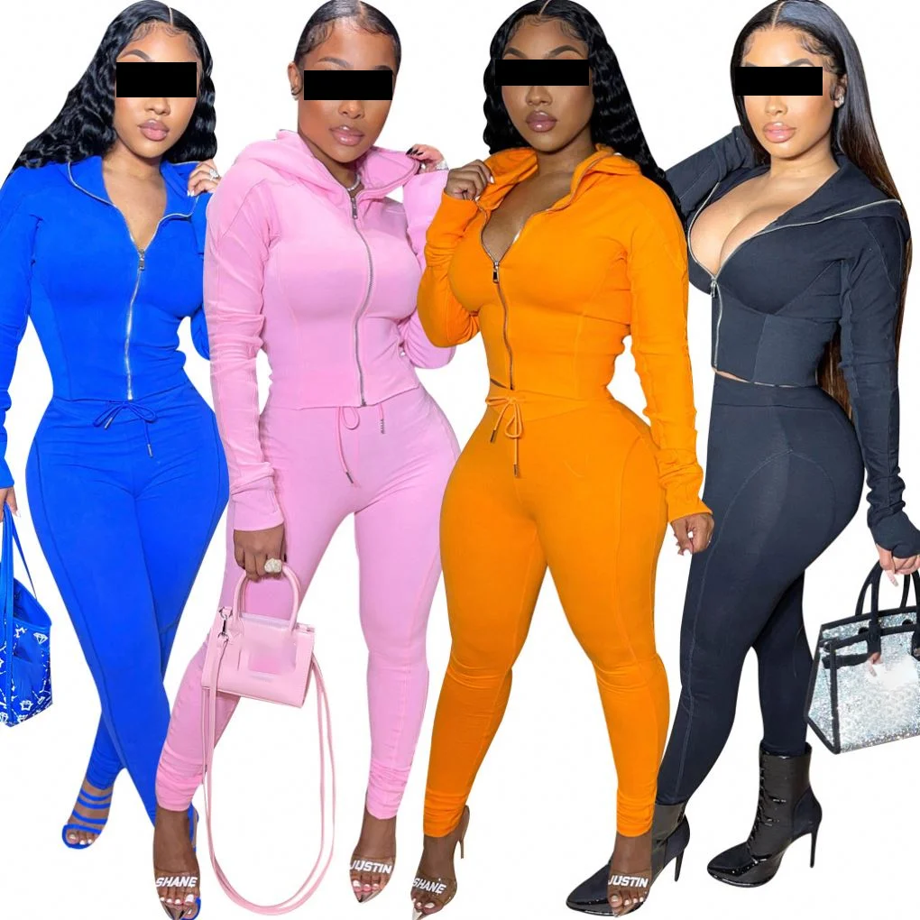 Custom Logo Sexy Plus Size Full Zipper Face Hoodies And Pants Sweater Sets Loungewear Women Matching Sets
