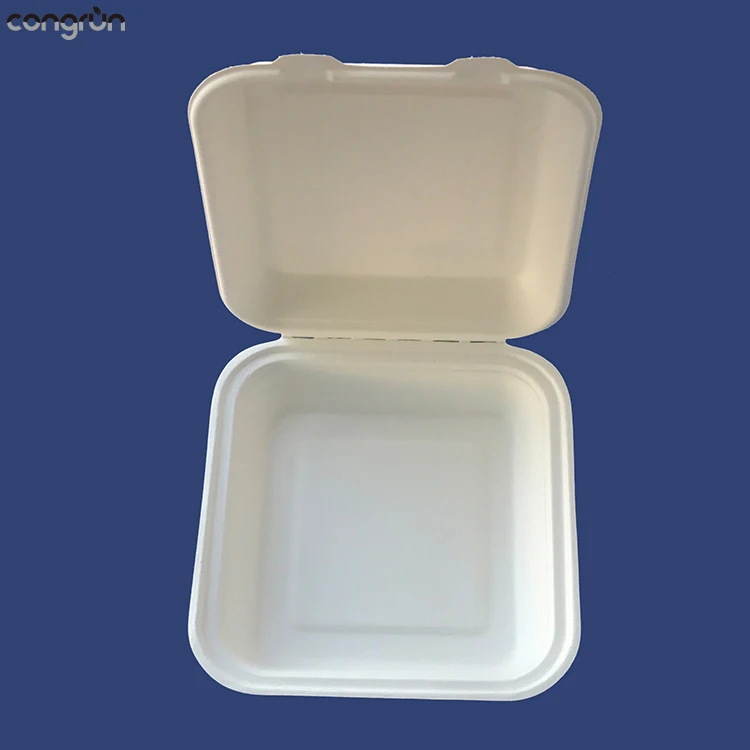 9 inch clamshell food take-out box sugarcane bagasse disposable biodegradable fast food packaging take away  box for kids snack