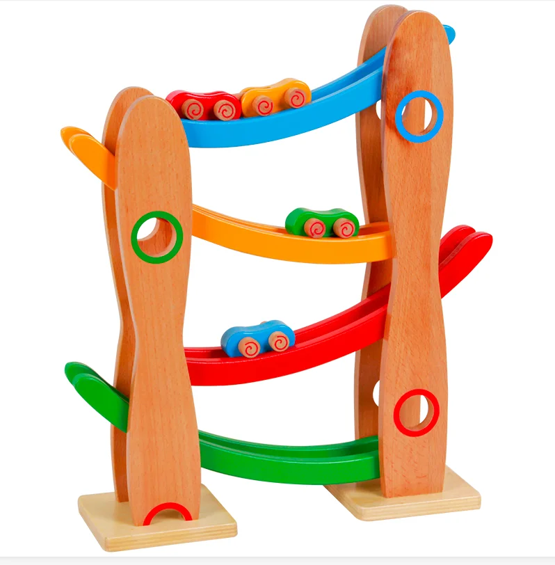 New wooden early education toy track car park fun toy trolley