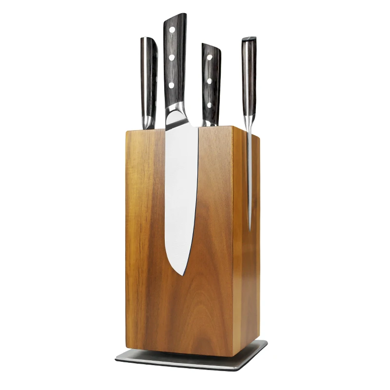High Quality Customizable Knife Block Teak Wood Magnetic Rotary Knife Holder