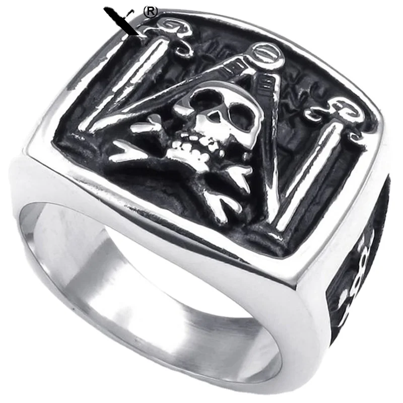 Silver Black Mens Stainless Steel Ring, Vintage Skull Freemason Masonic Men Ring