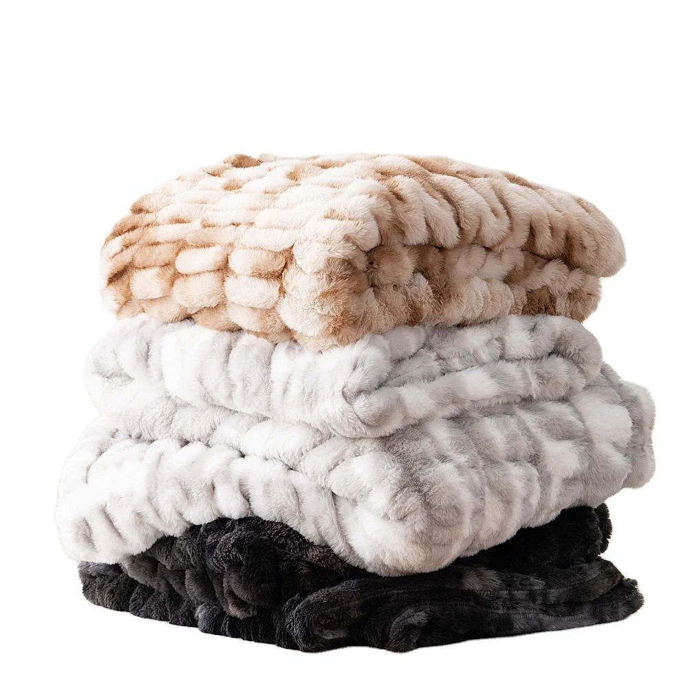 Custom Printed Furry Polyester Fluffy Rabbit Bubble Faux Fur Fabric Ruched Minky Baby Plush No Shed Blanket Luxury for winter