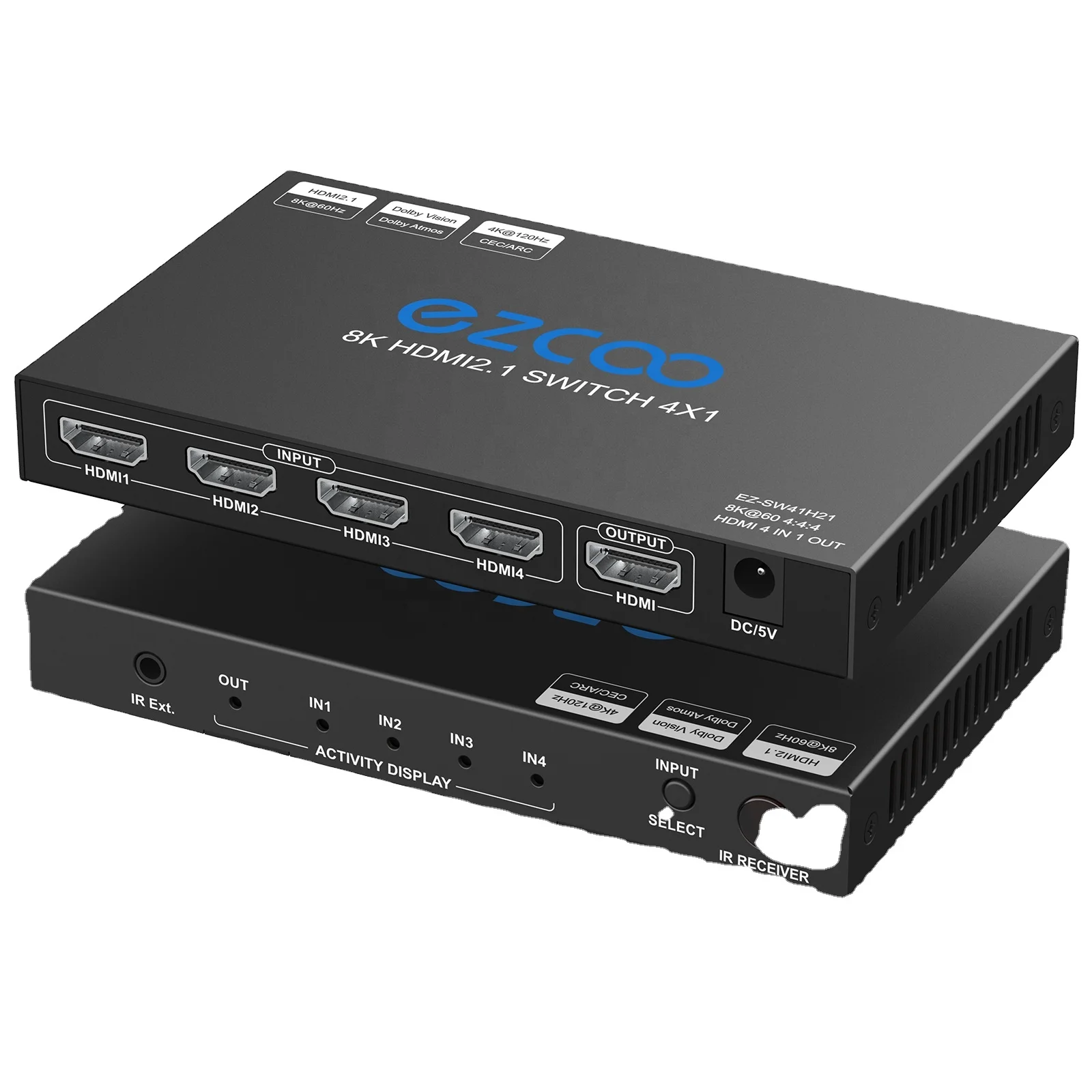 8K HD-MI Switch 4 in 1 out HD-MI switcher 8K@60Hz and 4K120Hz VRR HDCP2.3 HDR D-olby vision Atmos Remote control CEC