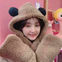 Hot Selling Pure Color Plush 3-in-one Teddy Bear Ear Beanie Hat Fashion Cozy Warm Solid Women Scarf Hat Sets Winter