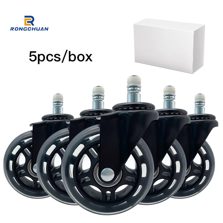 Wholesale office chair plastic furniture castor 5pcs/set noiseless pu black office chair caster wheels