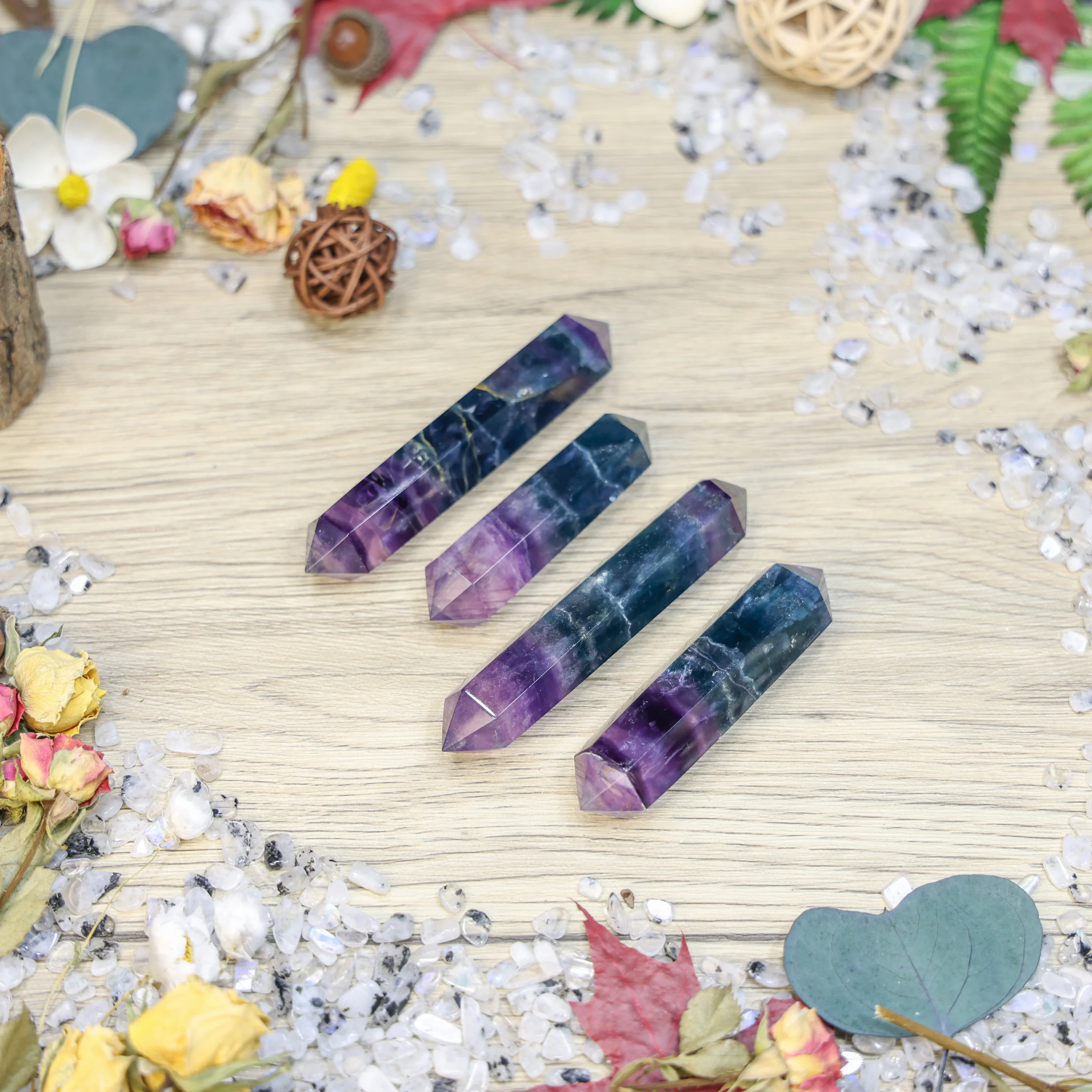 Wholesale Natural Custom tower Gem Crystals point wand magic Hexagonal prism rainbow fluorite DT point Healing stone