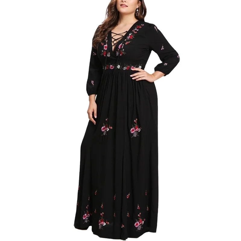 Custom Women Elegant Lace Up Front Flower Embroidered Black Long Maxi Dresses