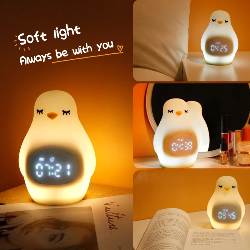 Amazon Best Selling Cartoon Penguin Rechargeable children kids sleep trainer alarm clock night light