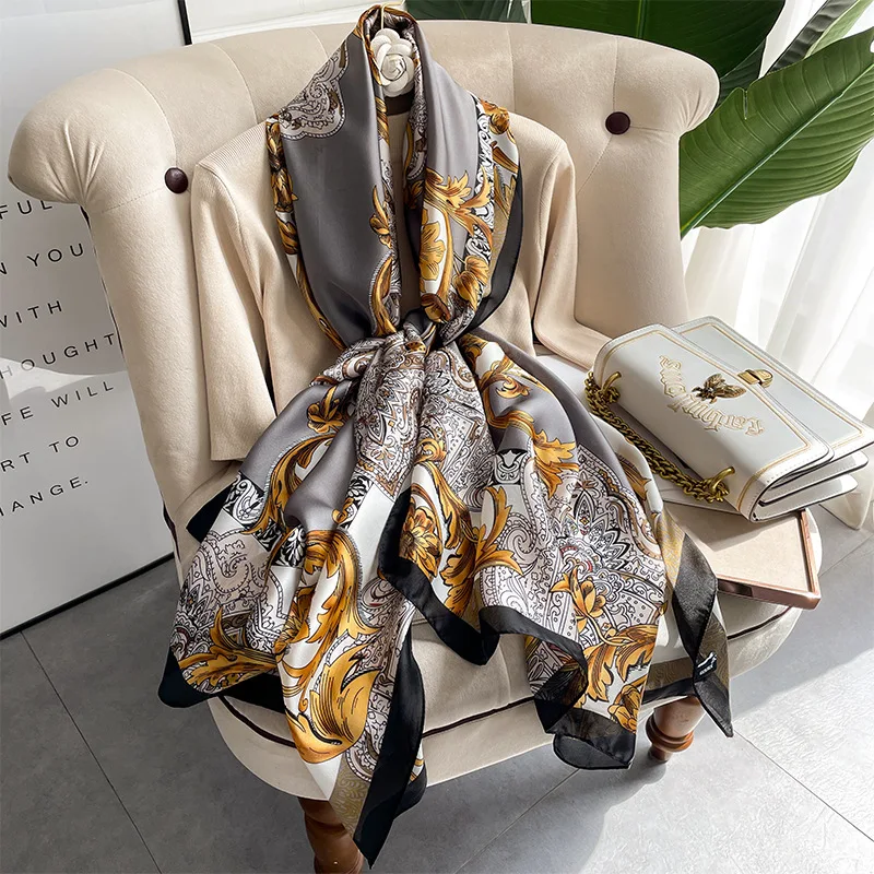 2022 Silk Scarf Women New Flower Pattern Fashion Shawl Long Spring And Autumn Scarves Dual-Purpose Wraps Female Outside Decorate