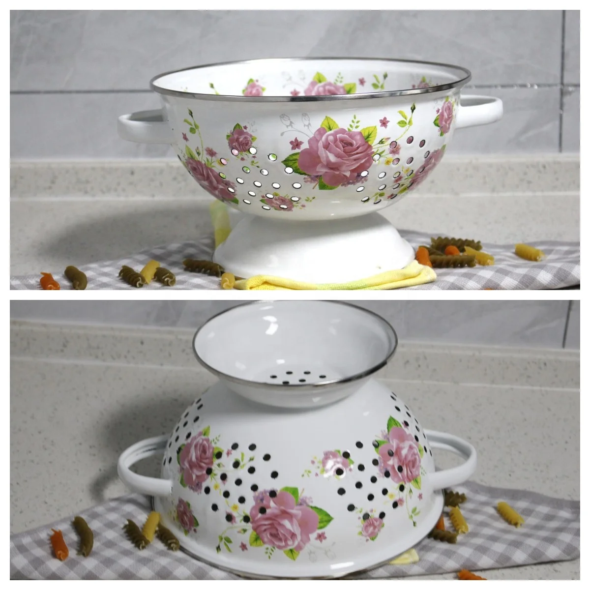 Promotional Customized Vintage Retro Nordic Eco Friendly Blue Carbon Steel Can Enamel Colander for Food Fruits