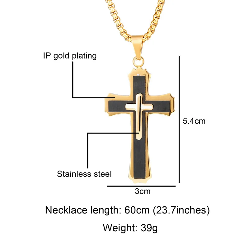 Big Titanium Steel Cross Pendant Necklace for Men Teen Boys Jewelry Three Layers Jesus Cross Crucifix Necklaces with Box Chain