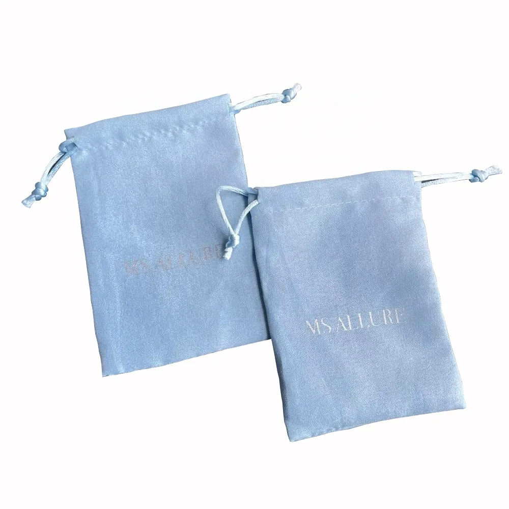 Custom Logo light blue Velvet Suede Jewelry Bag Gift Packaging Drawstring Pouch with silver printing