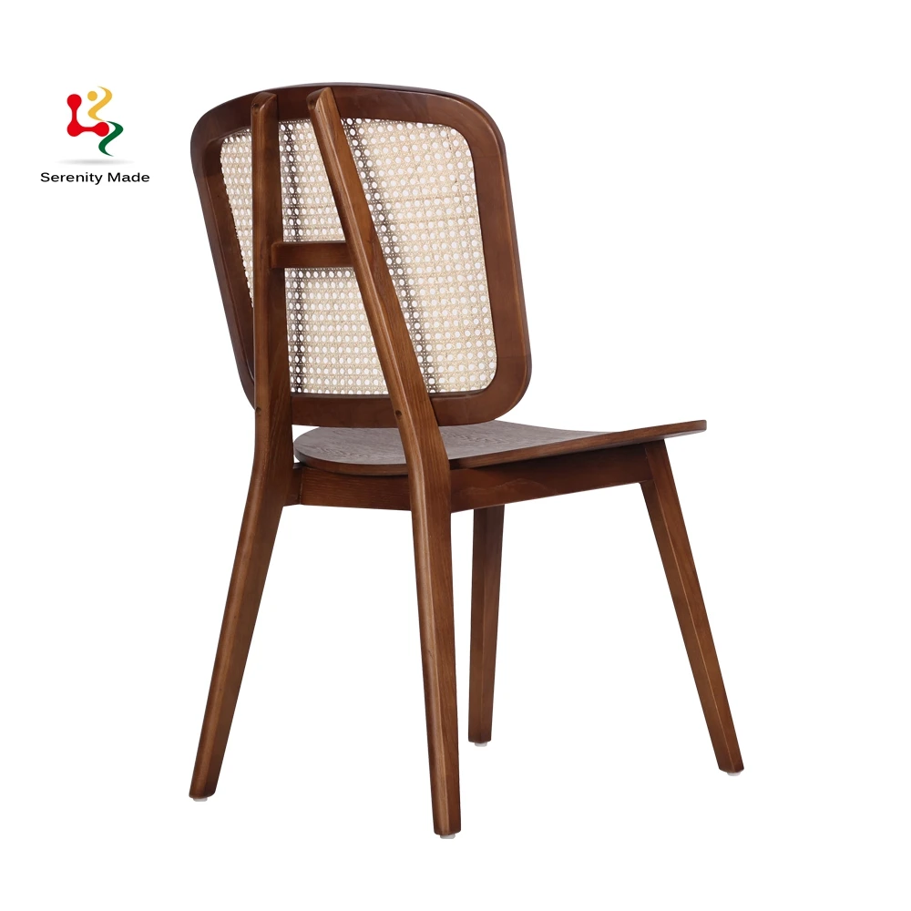 Special design Ming style brown ash wood caned wide dining chair for restaurant use
