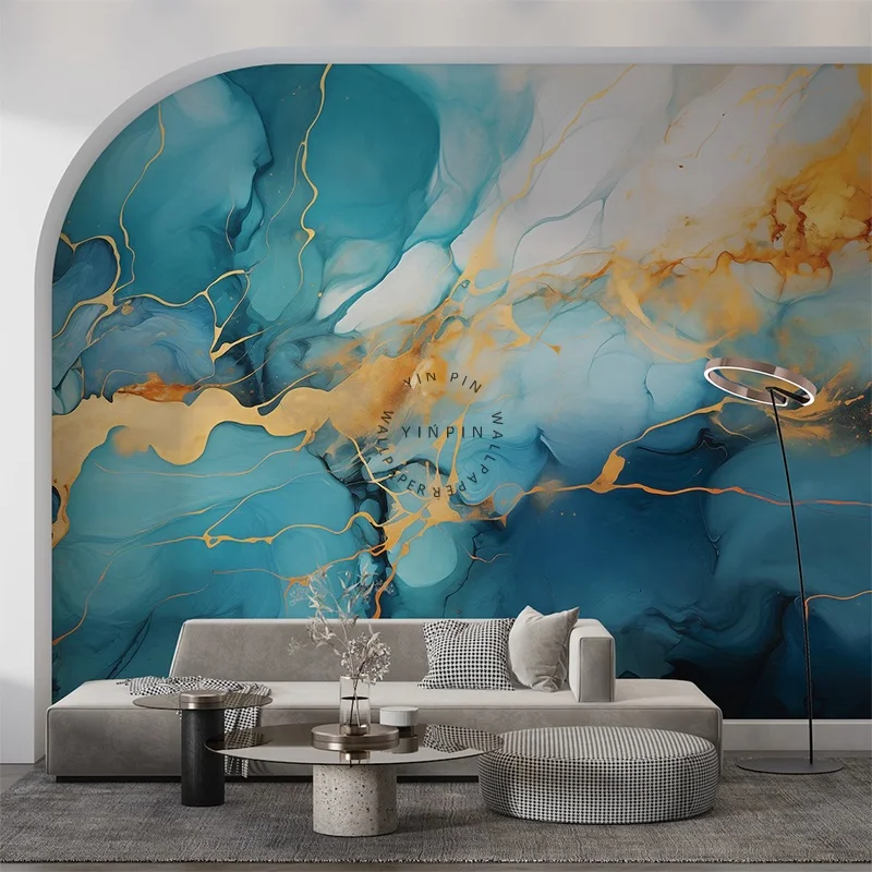 Blue and gold marble wall art wallpaper abstract modern mural