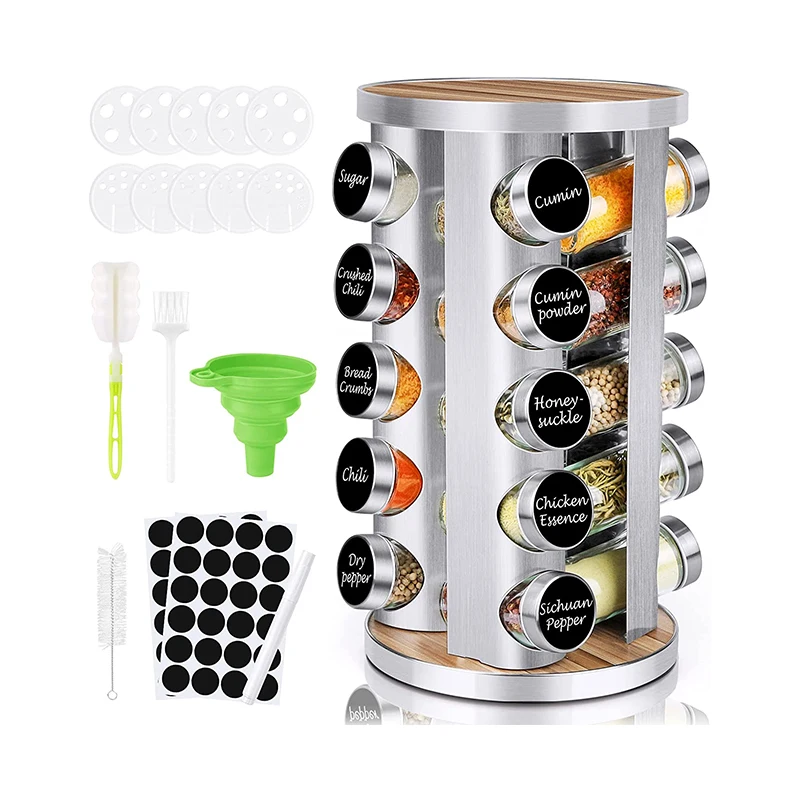 360 turntable rotating spice jar rack set organizer stainless steel revolving carousel kitchen spice rack with glass bottle