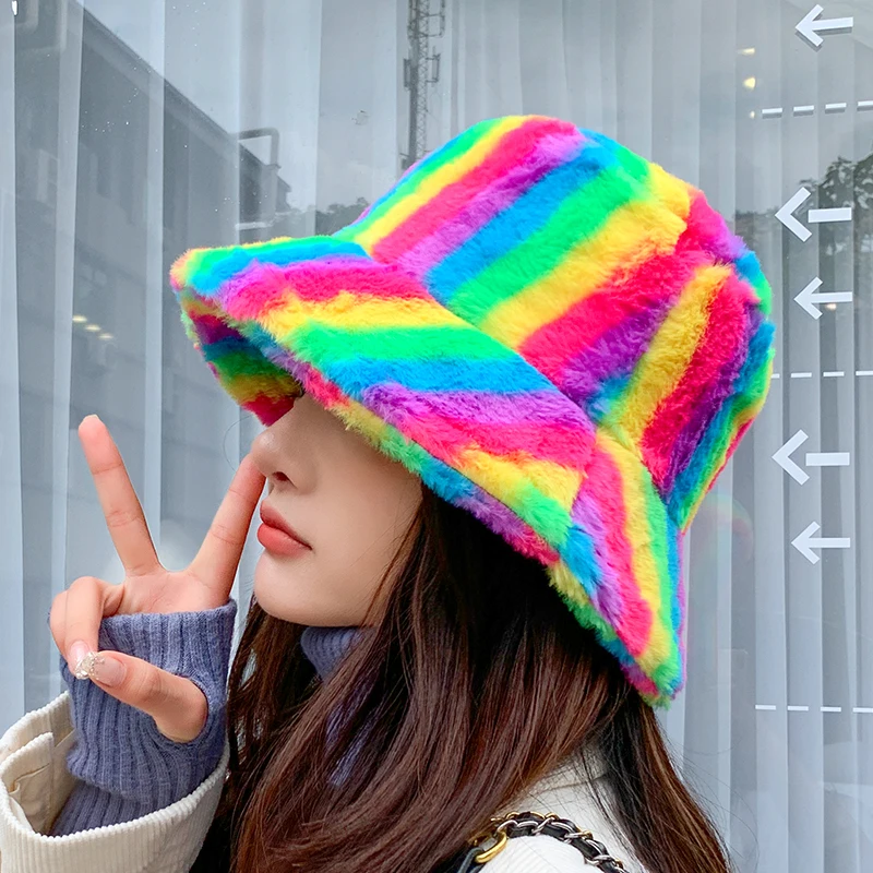 .2022 Faux Fur Bucket Hat For Women Winter Thicken Warm Rainbow Colorful Striped Luxury Bucket Hat