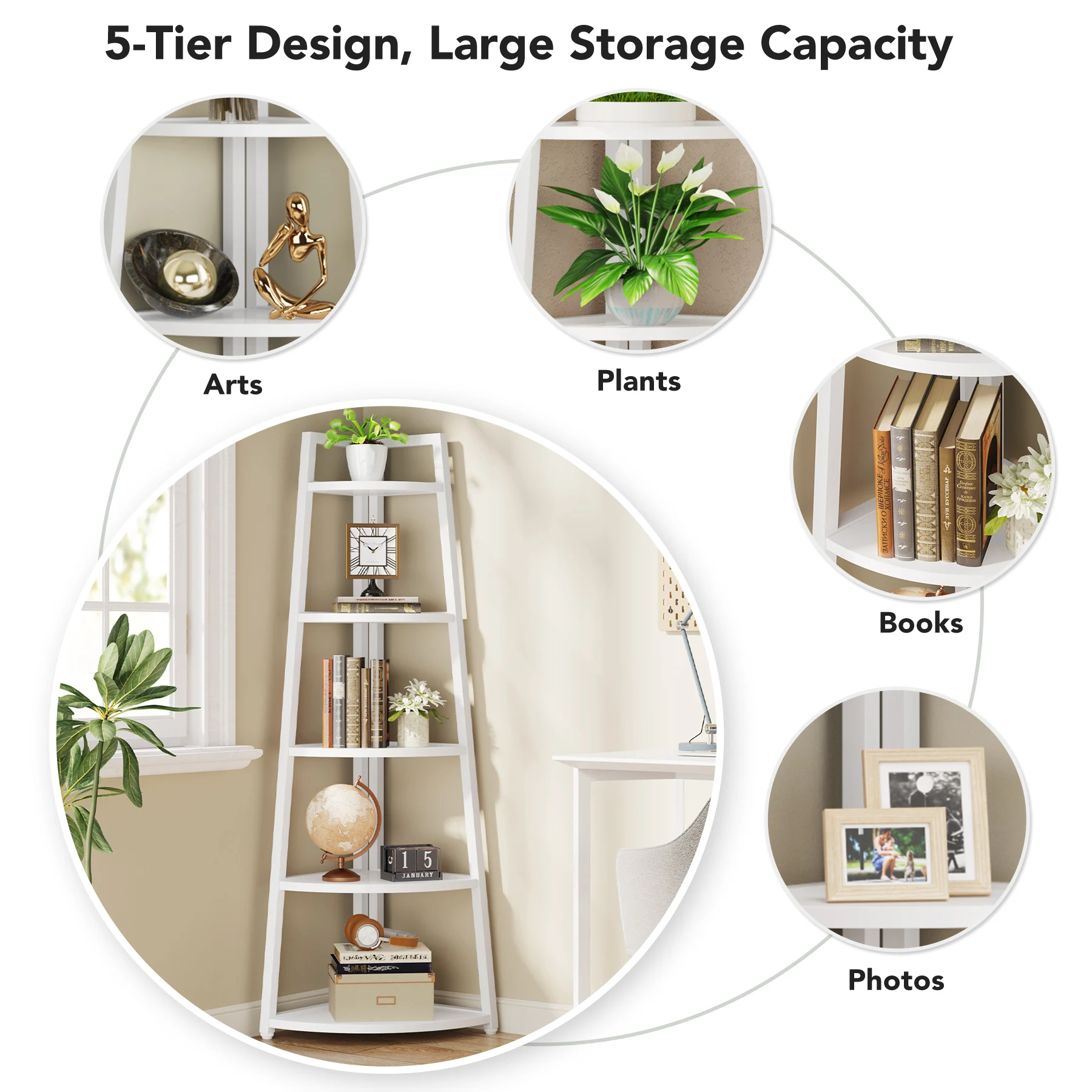 Tribesigns Modern White A-Shaped 5 Tier Bookshelf Corner Shelf for Narrow Corner Freestanding Shelf for Multi-Purpose