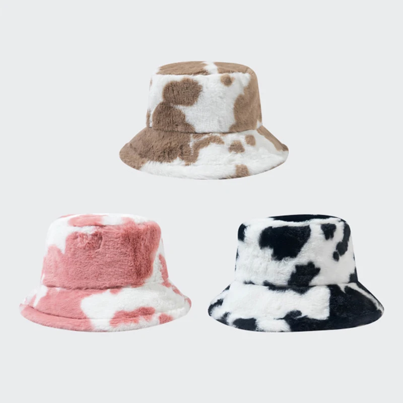 Wholesale Custom Cow Pattern Fuzzy Warm Fisherman Hat Winter Thickened Faux Rabbit Wool Fluffy Plush Bucket Hat