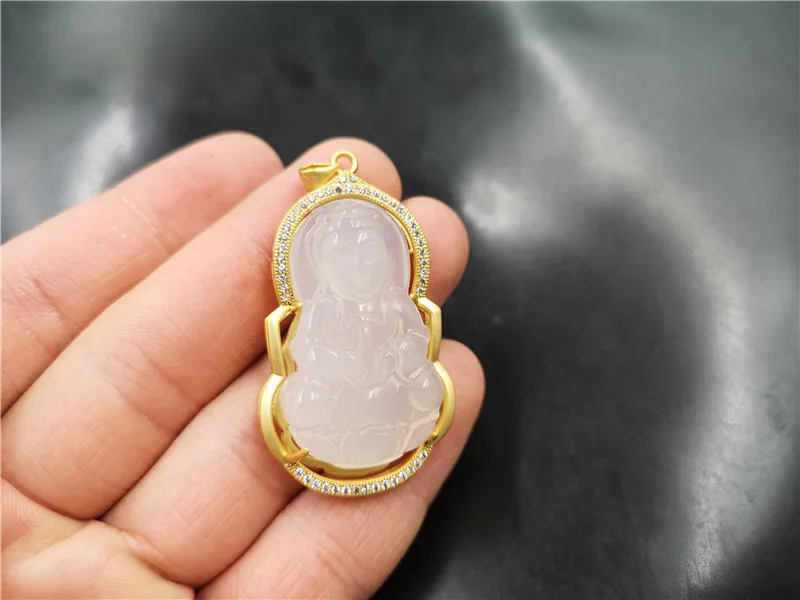  Горячая продажа мужской Агат Гуаньинь древнее золото инкрустированный Зеленый Халцедон кулон ожерелье