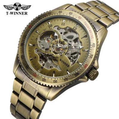 WINNER 2019 Fashion Watch Men Auto Mechanical Skeleton Dial Copper Stainless Steel Strap Mens Watches Top Brand Luxury