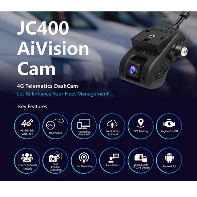 Jimi JC400 Live streaming video 4G sim card gps tracker wifi hotspot 1080P dual lens car dash cam