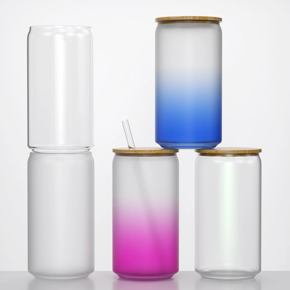Frosted 16oz 20oz color rainbow sublimation iridescent soda cup tumbler glass beer can shaped glasses with bamboo lid and straw