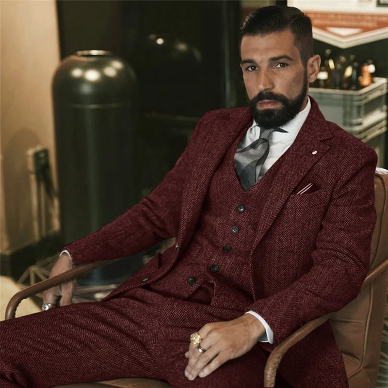 Gray Wool Tweed Winter Suit for Men Herringbone Slim Fit Formal Groom Wedding Tuxedo 3 Piece Sets Wedding Male Suits