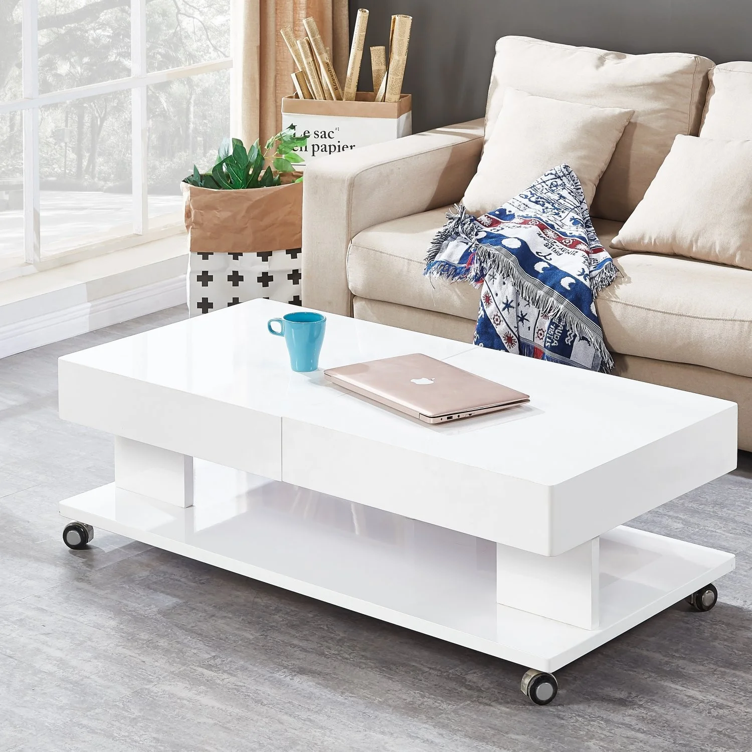 WHITE EXTENDABLE MDF COFFEE TABLE on WHEELS WHOLESALE NORDIC MODERN for LIVING ROOM